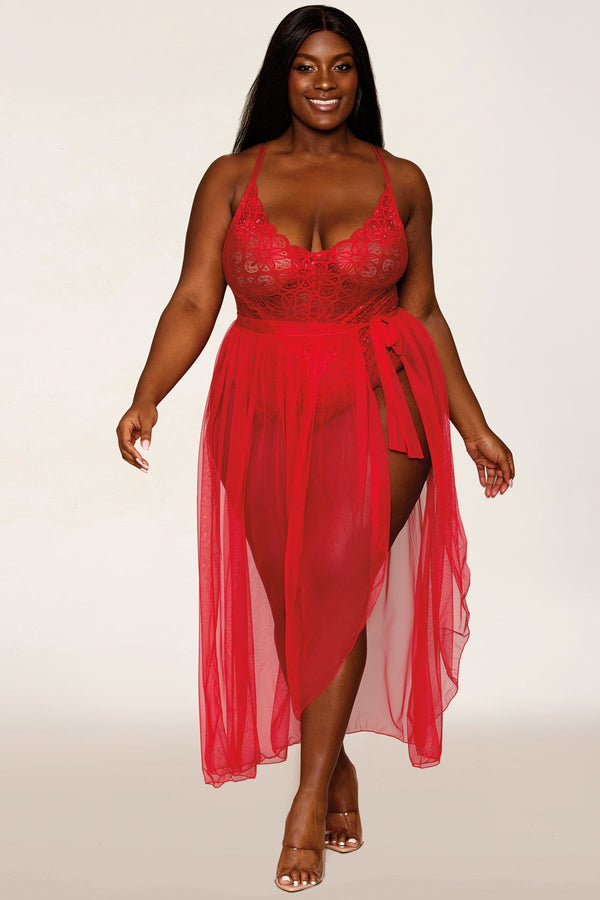 KISSMEBRO Lace Teddy & Sheer Wrap Skirt
